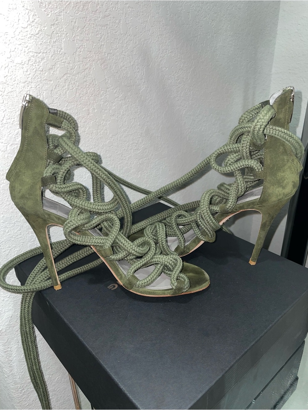 Monika Chiang Olive Green Rope Lace-Up Heels - Picture 3 of 11